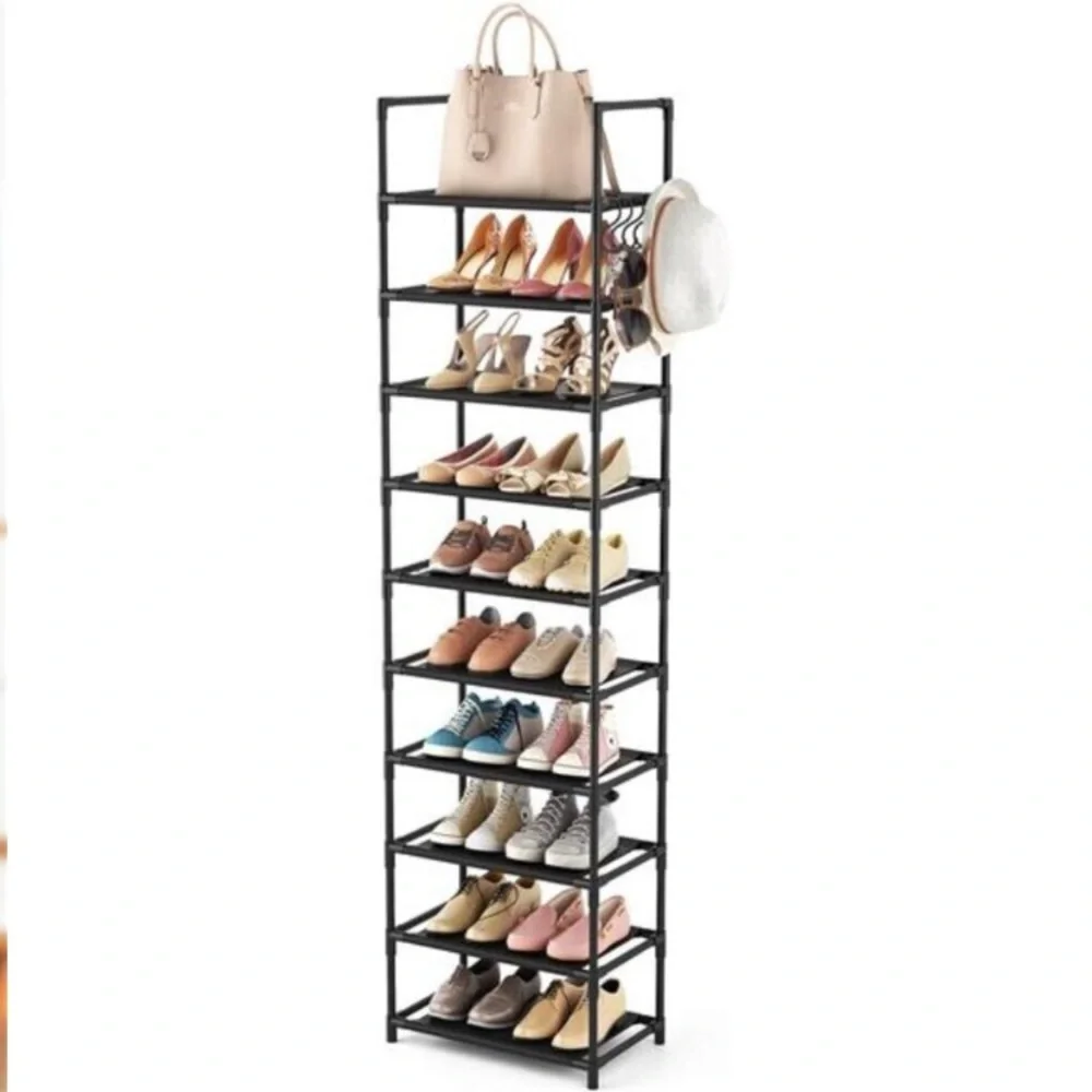 Tall Narrow Shoe Rack 10 Tier Organizer Shelf Holds 25 Pairs Black Storage